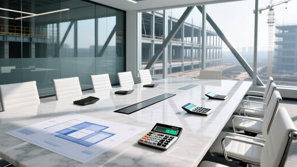 Architectural blueprints and financial calculators spread across a modern conference table overlooking a commercial steel-frame construction site