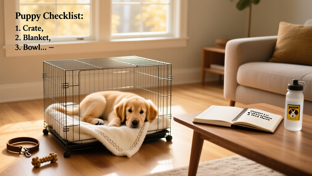 A calm, well-lit room with a puppy resting inside a wire crate lined with a soft blanket