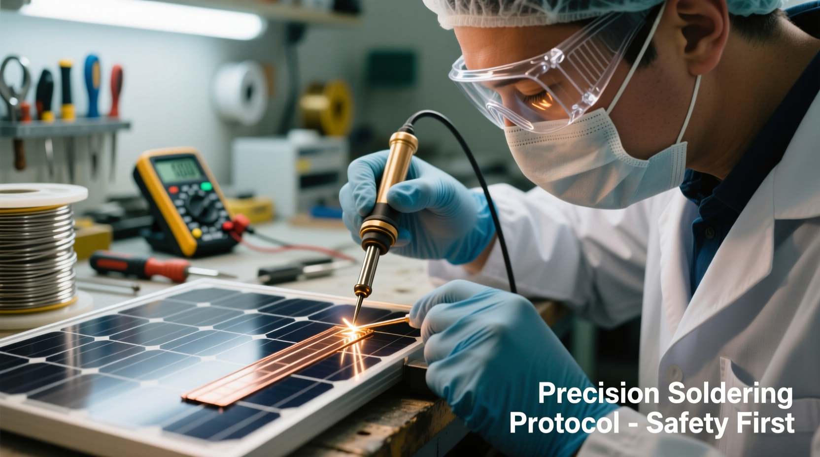 Close-up of solar cells being soldered safely with protective gear