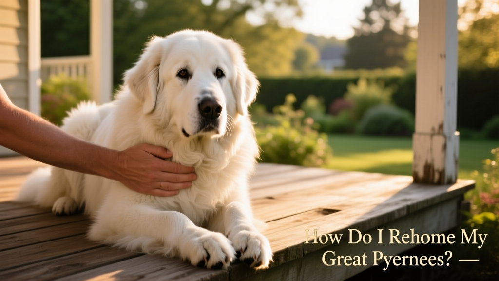 A hand gently holding a Great Pyrenees’ paw while sitting on a sunlit porch, symbolizing care and transition