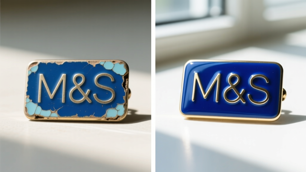 Side-by-side view of a degraded vintage M&S enamel lapel pin and a restored piece showing the vibrant cobalt blue resin finish
