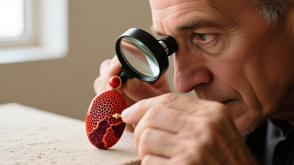 Close-up of a jeweler using a 10x loupe to inspect the porous surface texture of a genuine Mediterranean red coral pendant bead
