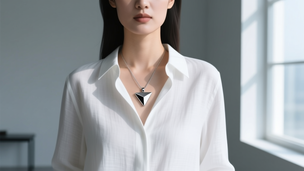Woman wearing a structured white linen shirt with a permanently attached minimalist stainless steel pendant resting on her sternum