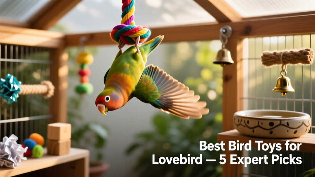 A lovebird hanging upside-down from a colorful spiral rope perch, wings slightly spread