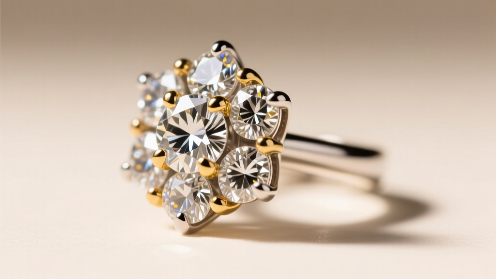 Close-up macro view of platinum and gold micro-prongs holding diamonds, showing metal thickness and wear in floral cluster earring
