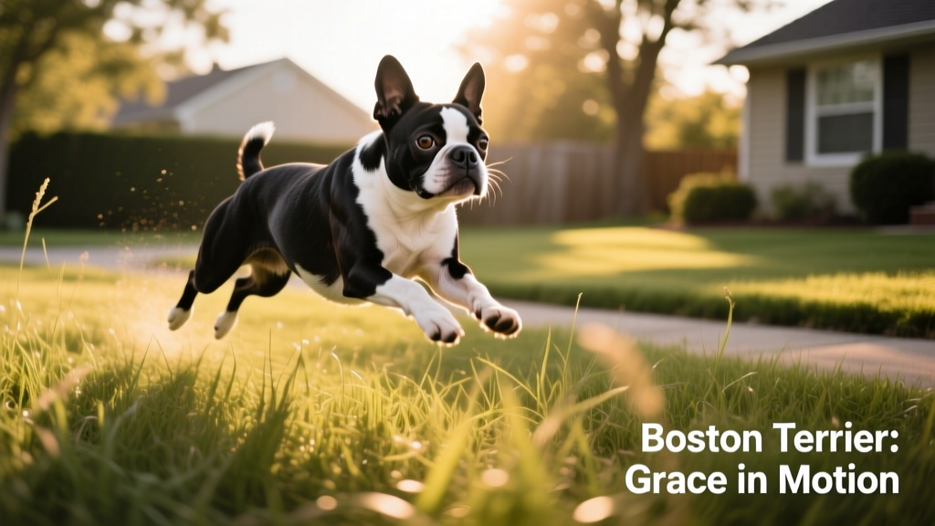 Boston terrier leaps through grass