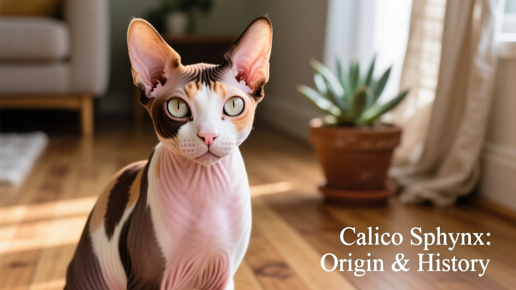 Close-up portrait of a Calico Sphynx cat showing clear tri-color skin pigmentation—patches of pinkish-beige, dark brown, and creamy white—under soft lighting