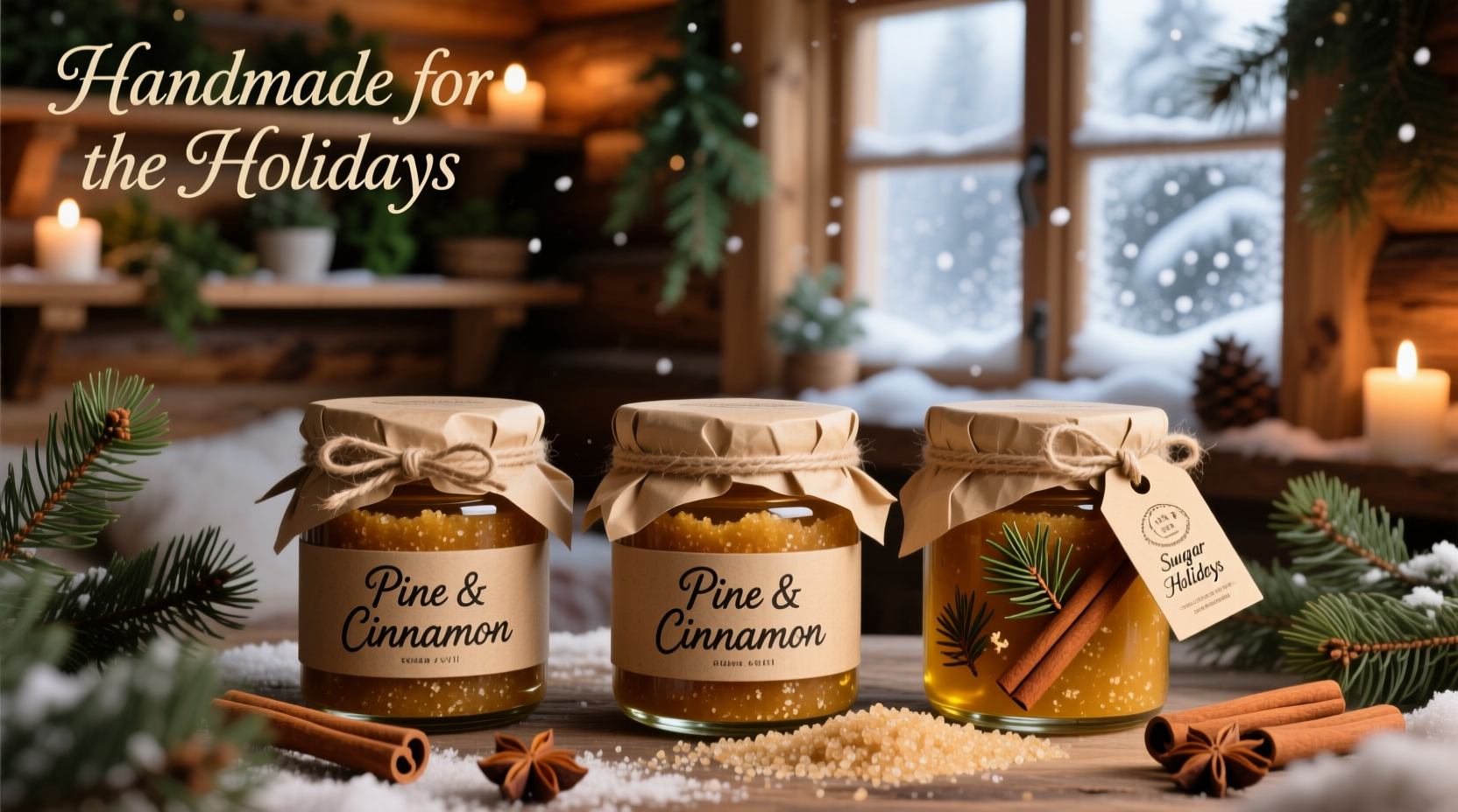 homemade sugar scrubs with pine and cinnamon for a festive skincare gift