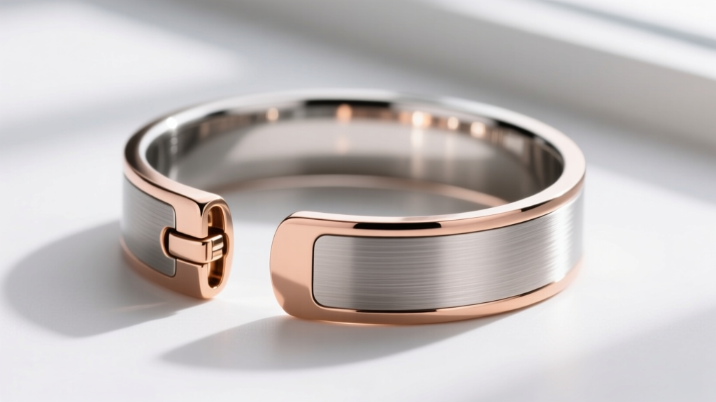 Macro shot of a 316L stainless steel cuff with rose gold PVD plating, highlighting the seamless clasp and brushed metal texture