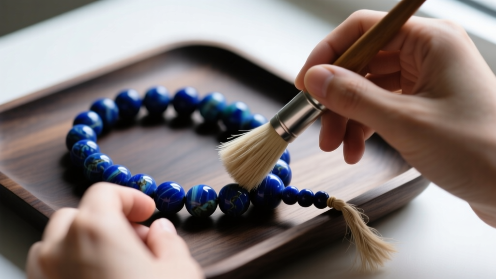 Hands gently brushing a porous lapis lazuli mala beads necklace with a soft dry horsehair brush over a dark wooden tray, macro.