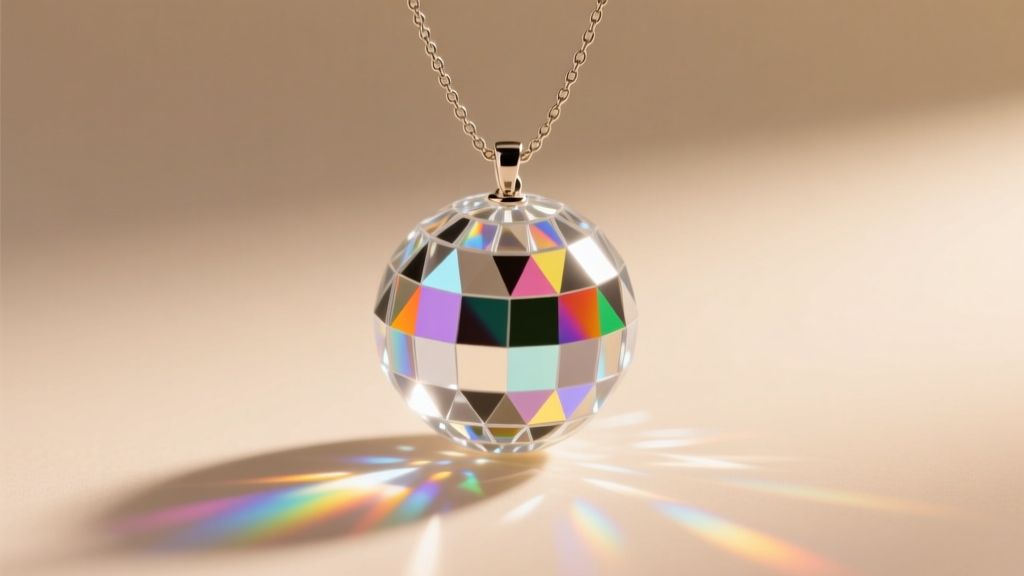 Faceted K9 crystal disco ball pendant on a delicate 1mm box chain, capturing rainbow light refractions against a soft cream background.
