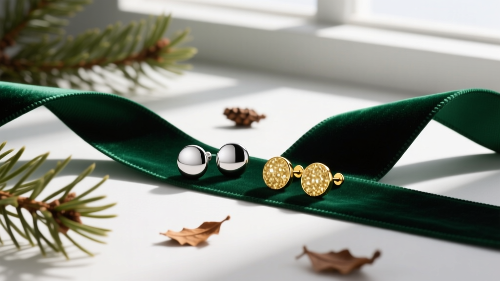 Budget-friendly titanium, silver, and gold vermeil stud earrings resting on a dark green velvet ribbon with scattered pine needles
