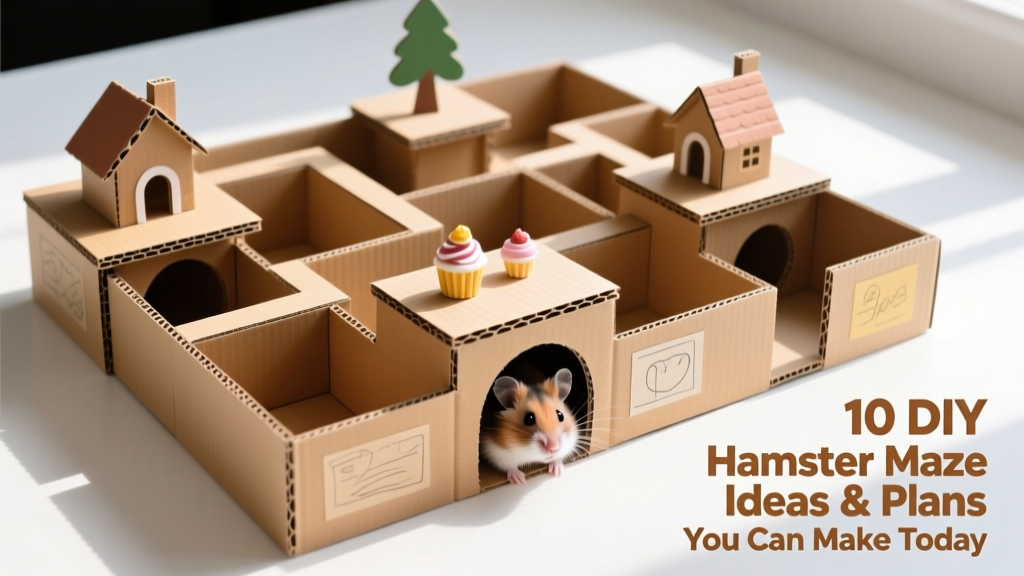 A colorful, multi-level cardboard maze with tunnels, platforms, and treat stations, set on a clean surface