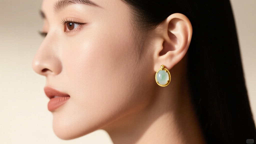 Side profile of a woman wearing delicate white jadeite stud earrings with 18k yellow gold bezels, highlighting the earlobe fit
