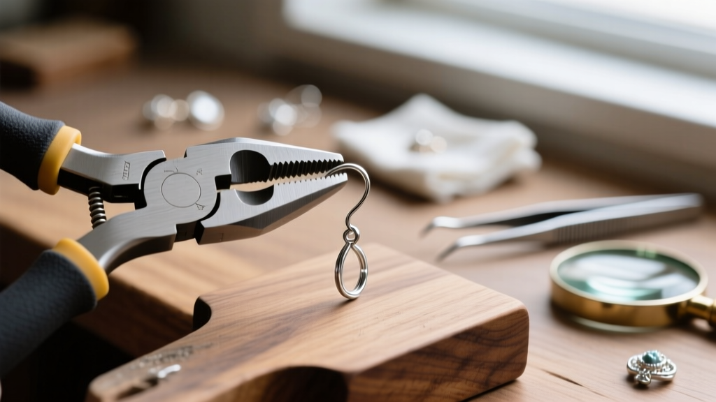 Close up of nylon jaw pliers straightening a 20-gauge sterling silver French hook earring wire on a wooden jeweler bench block.