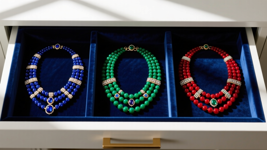 Overhead view of a velvet-lined jewelry drawer with dividers holding three large multi-strand beaded statement necklaces
