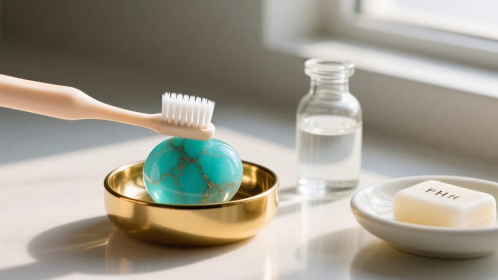 Soft baby toothbrush gently cleaning a turquoise stone in gold-tone metal, next to distilled water and pH-neutral soap.