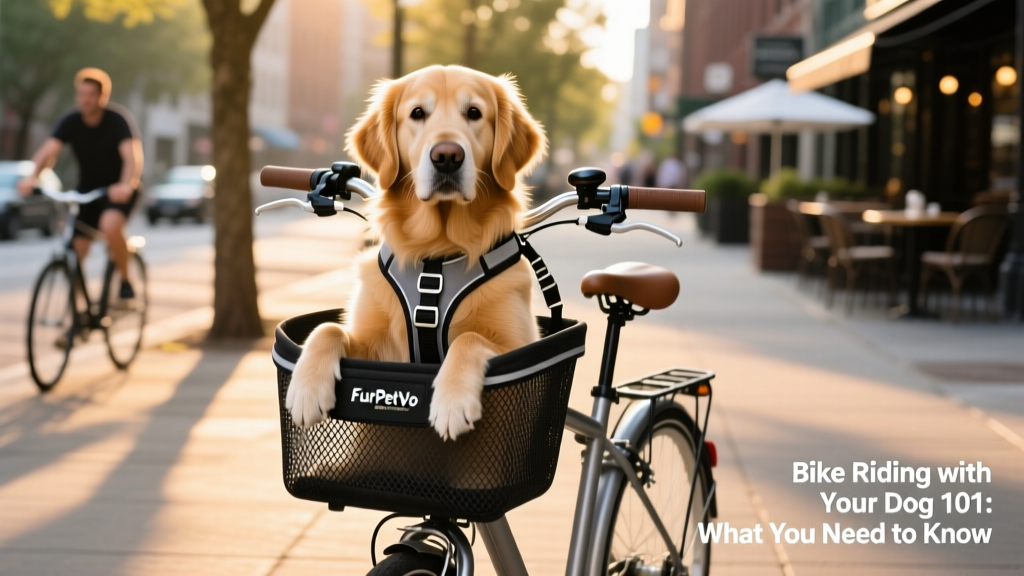 Dog comfortably seated in a FurPetVo Sporty Bike Basket, wearing a harness, with mesh sides and safety tether visible