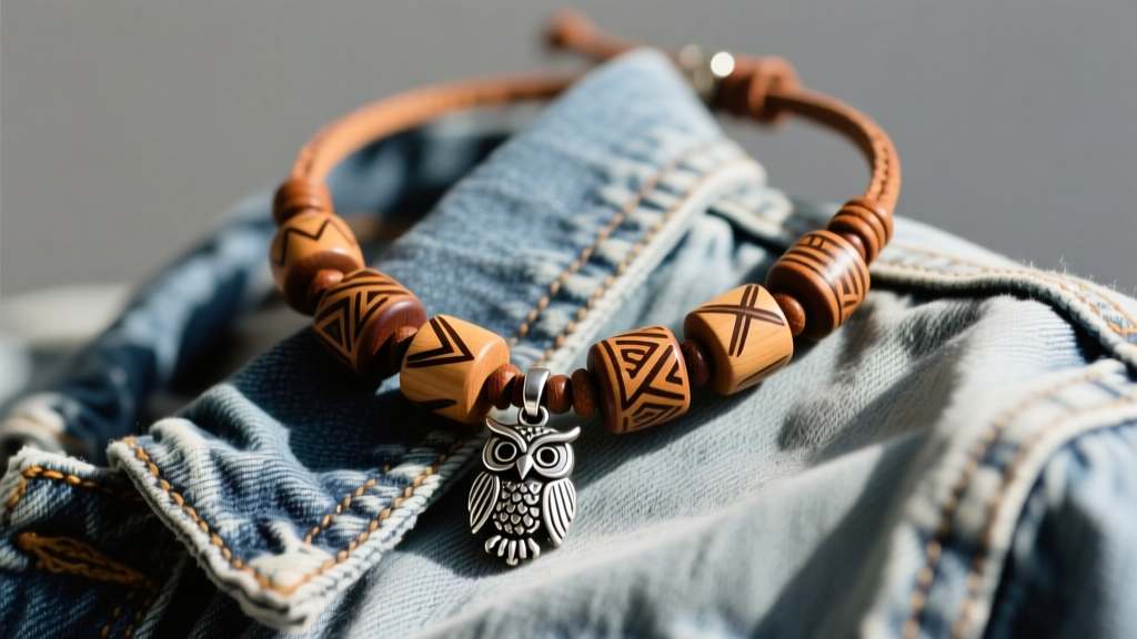 Close-up of a DIY leather cord necklace with painted wooden camp beads and a silver owl pendant, resting on a worn denim jacket