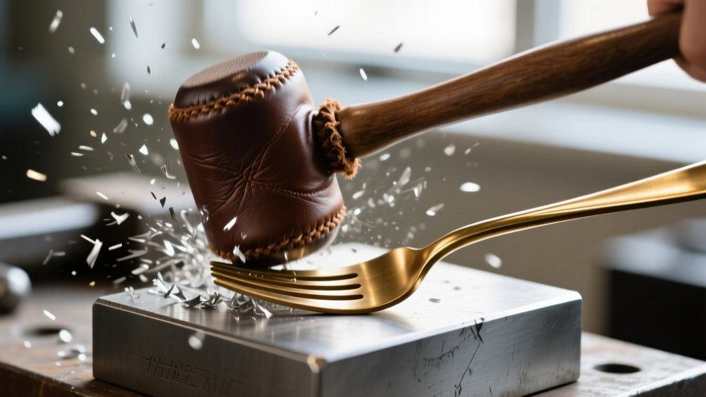 Close-up of a rawhide mallet striking an annealed brass fork on a steel bench block, with silver shavings in the soft background.