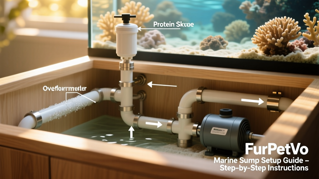 Diagram showing sump plumbing layout: overflow pipe, return pump, and protein skimmer connections for a FurPetVo marine system