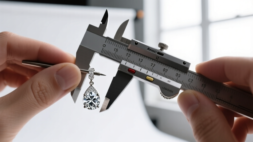 Close-up of a jeweler using digital calipers to measure a locking screw-back mechanism on a heavy platinum diamond drop earring