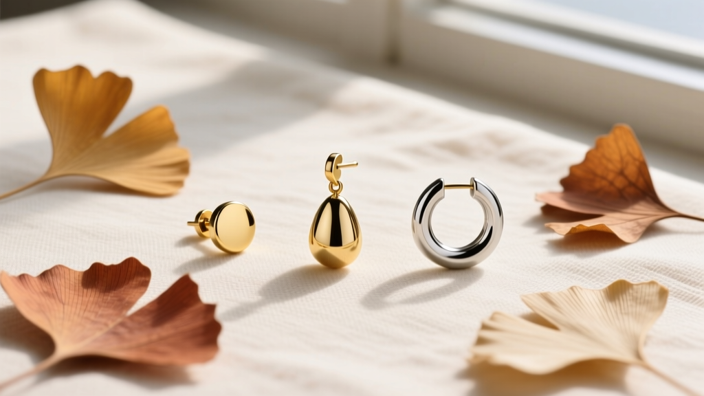 Flat lay of three ginkgo leaf earring styles including a stud, drop, and huggie, arranged on cream linen beside dried leaves