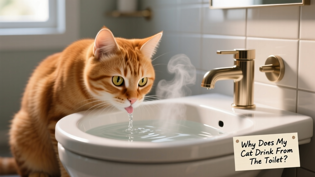 Close-up of a curious cat drinking from a clean, modern toilet bowl