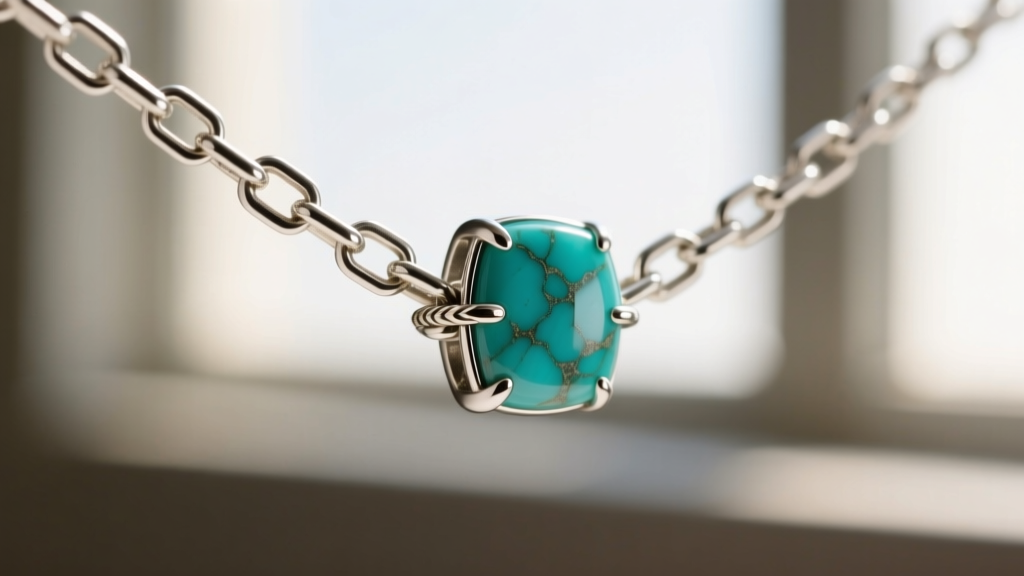 Loupe view of a 1.5mm silver box chain threading through a turquoise lariat slide, revealing the precise friction fit mechanics.