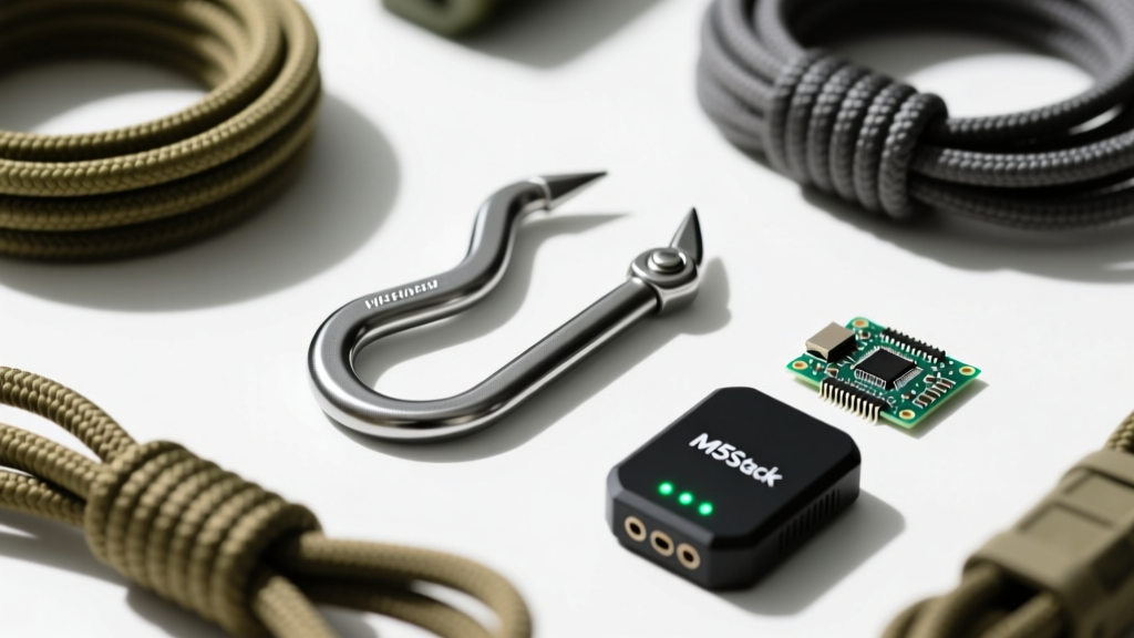 Flat lay of budget-friendly tactical gear including a 3-prong steel grappling hook, paracord, and an M5Stack RF hacking device.