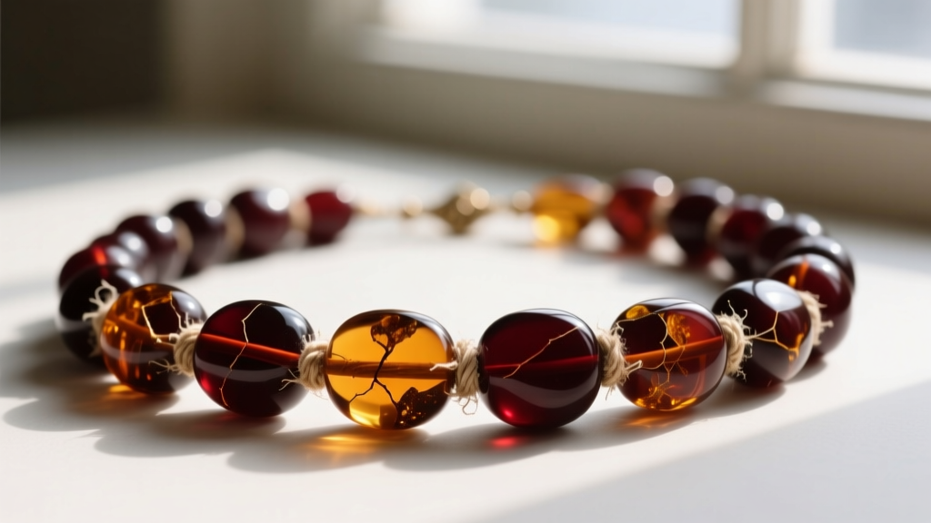 Close-up of a Victorian-era vintage amber necklace featuring dark cherry-colored beads strung on a frayed silk thread