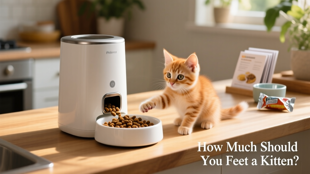 A sleek, modern automatic feeder dispensing kibble into a clean ceramic bowl beside a curious kitten