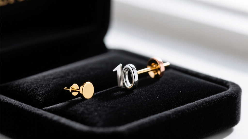 Side profile comparing a standard 6mm earring post with a 10mm extra long post for thick earlobes on a dark velvet display tray