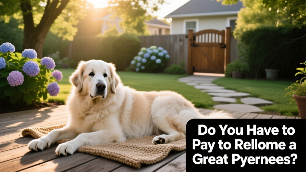 A calm, gentle Great Pyrenees resting in a sunlit backyard