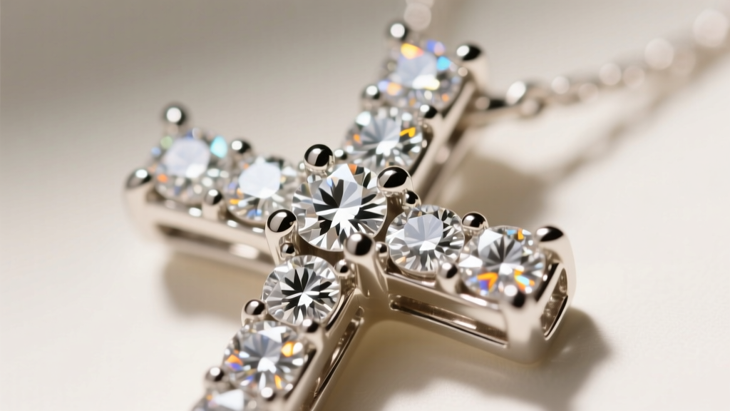 Loupe view of a micro-pave diamond cross pendant, showing tiny prongs holding VS melee diamonds in a 14k white gold setting.