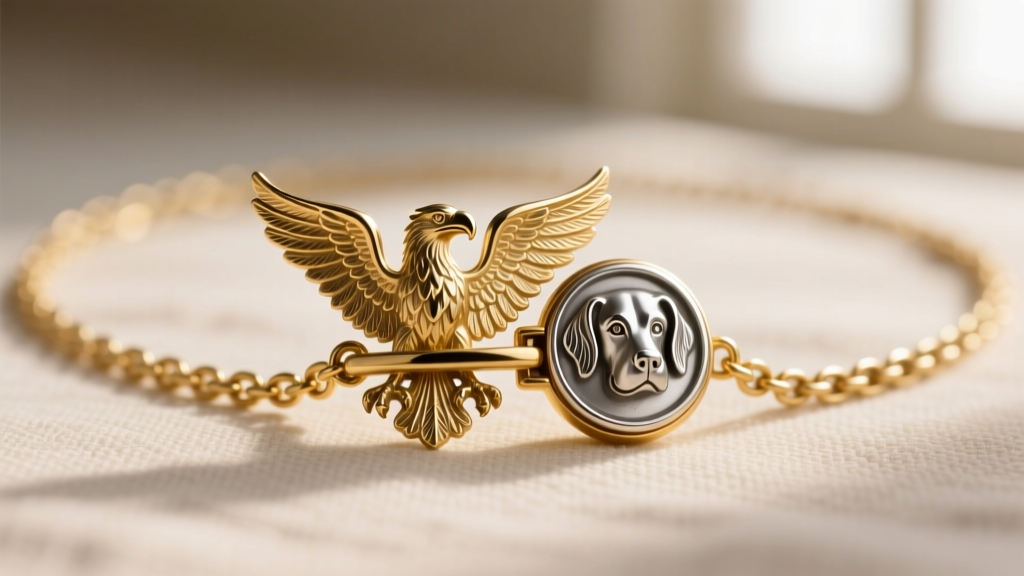 Close-up of a French eagle head hallmark and dog head platinum stamp on the hidden clasp of an antique belle necklace gold chain.