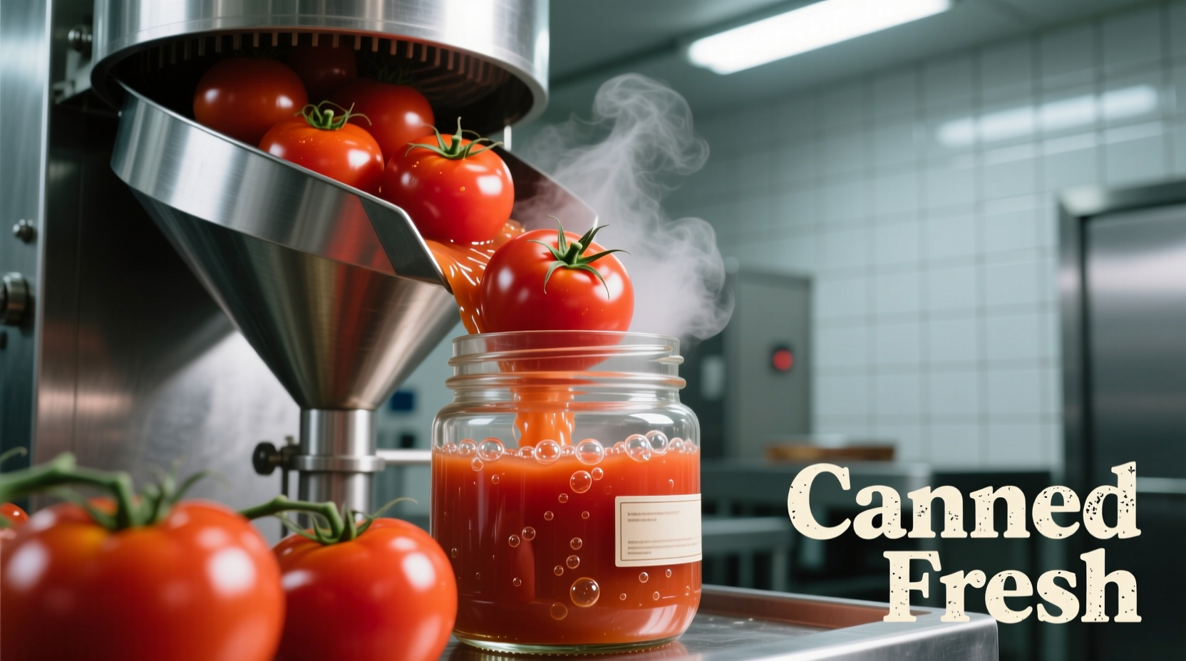 Fresh tomatoes being processed for canning in mason jars