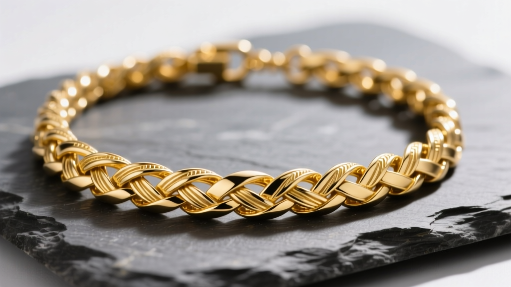 Macro of 14k yellow gold twisted herringbone necklace on slate, showing spiraled flat link texture and bright light reflections.