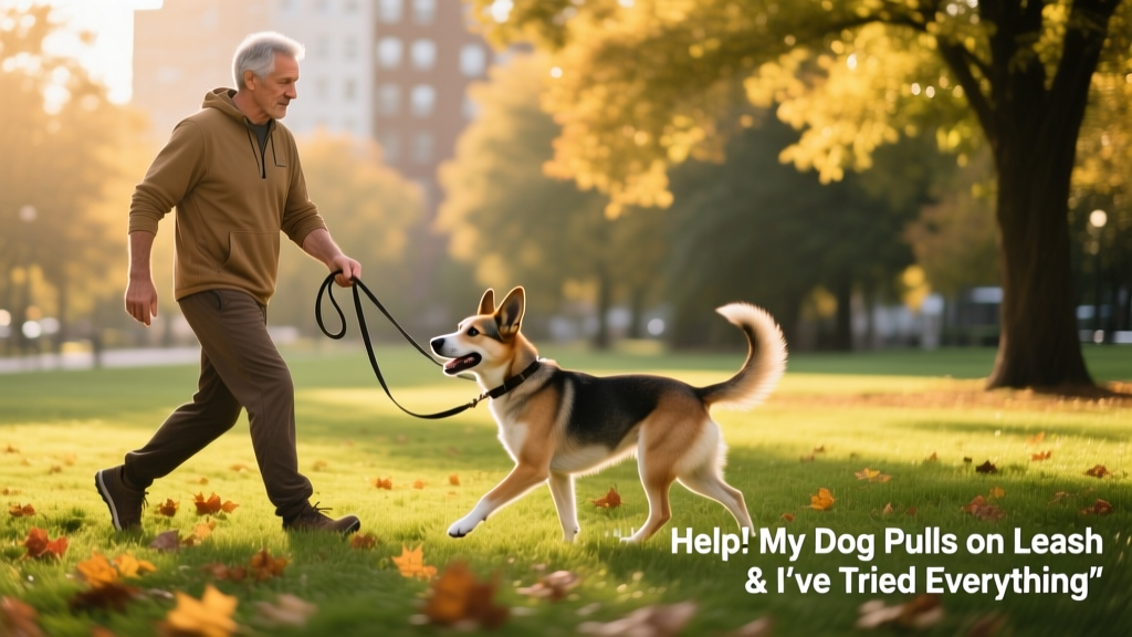 A trainer gently guiding a dog through a loose-leash walking exercise in a park setting