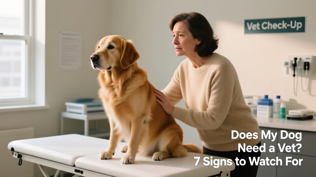 A calm, attentive dog sitting beside its owner on a vet exam table