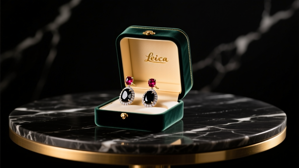 Velvet jewelry box open on a dark marble table revealing striking ruby and black onyx drop earrings under warm dramatic lighting