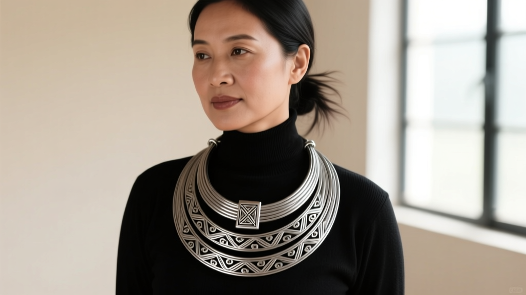 A woman wearing a layered Hmong silver torque necklace over a black turtleneck, highlighting the heavy gauge wire and clasp detail.