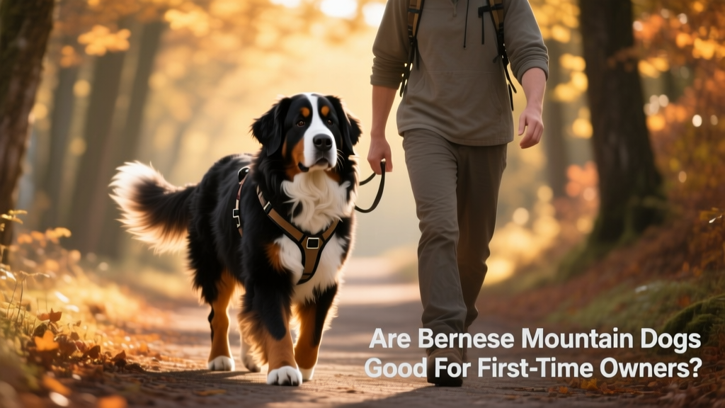 A Bernese Mountain Dog walking politely beside its owner on a tree-lined path