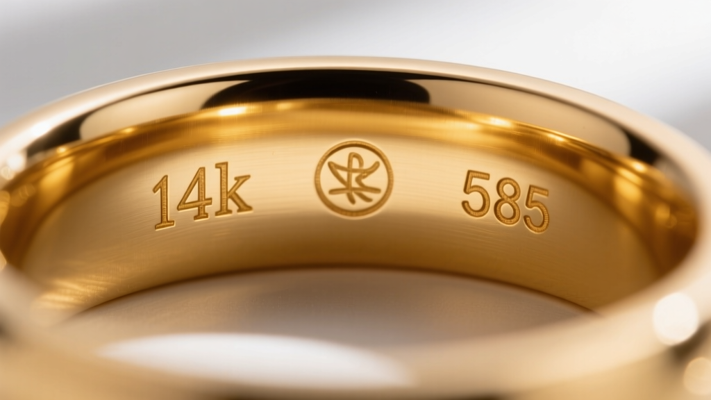 Extreme macro shot of the inside of a gold wedding band showing clear 14k and 585 purity stamps alongside a tiny maker