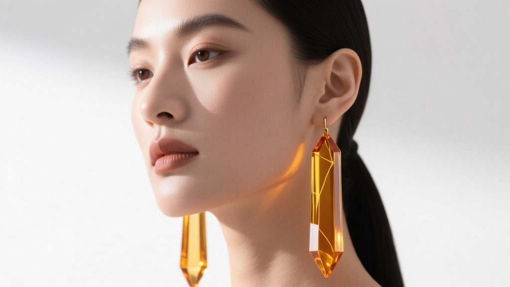 Woman with a square jawline wearing long, geometric, translucent amber UV resin drop earrings that visually elongate her face.