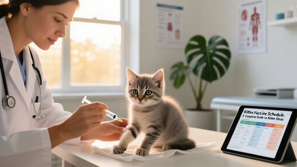 A veterinarian gently administering a subcutaneous vaccine to a kitten’s right front leg during a routine wellness exam