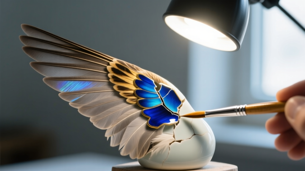 Macro shot of a chipped enamel sparrow wing repaired using a fine brush and blue cold enamel resin under a bright magnifying lamp.