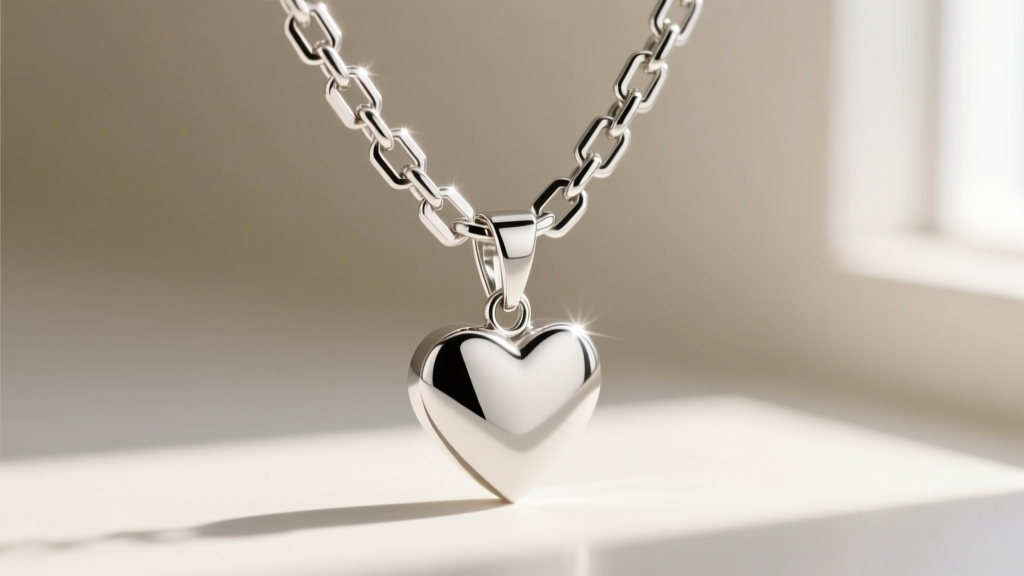 Macro close-up of a polished sterling silver box chain threading through a heart pendant bail, showing the square link structure