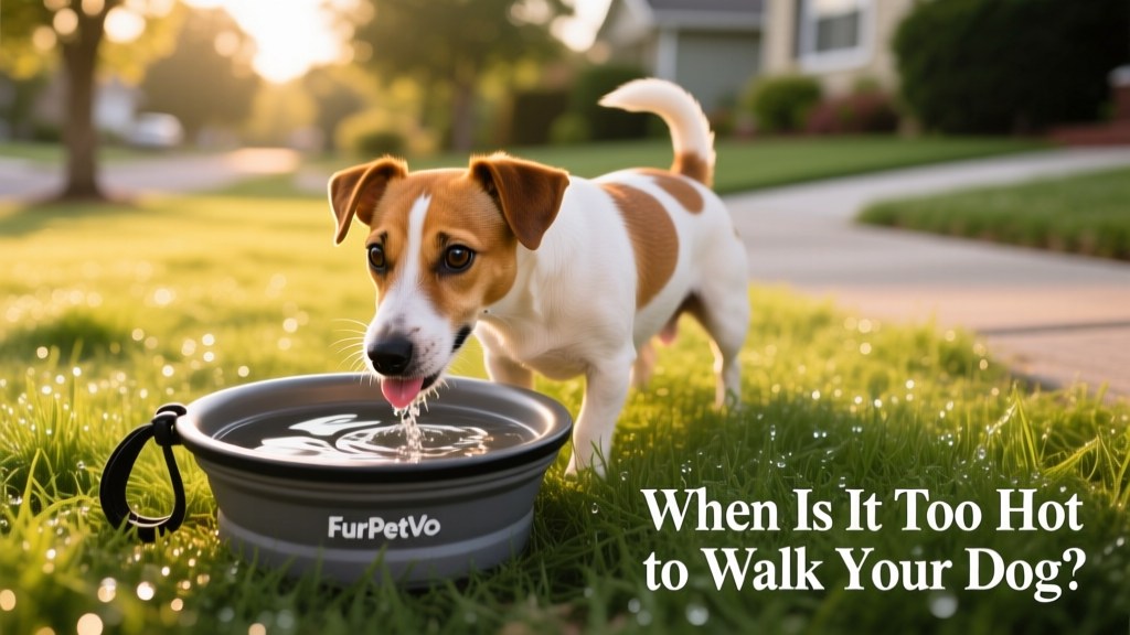 A small Jack Russell Terrier happily lapping water from a FurPetVo collapsible bowl on lush green grass