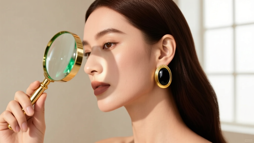 Woman wearing a gold onyx earring, with a magnifying glass overlay checking the metal post and clutch for green tarnish.